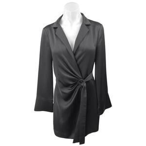 NEW Mango MNG Silk Satin Black Collared Long Sleeve Draped Mini Wrap Dress Sz 4